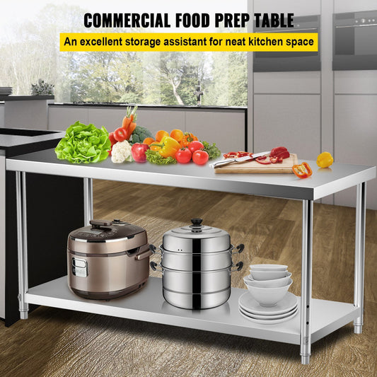 VEVOR Stainless Steel Prep Table, 72 x 30 x 34 Inch, 550lbs Load Capacity Heavy Duty Metal Worktable with Adjustable Undershelf, Commercial Workstation for Kitchen Restaurant Garage Backyard